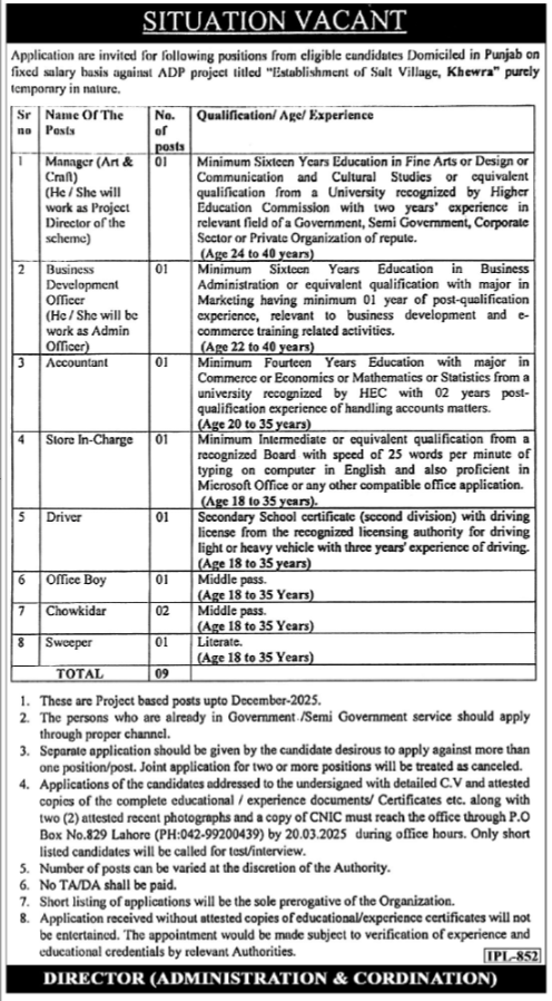 Establishment Of Salt Village Khewra Jobs 2025 – Public Sector Organization Jobs 2025 — original advertisement