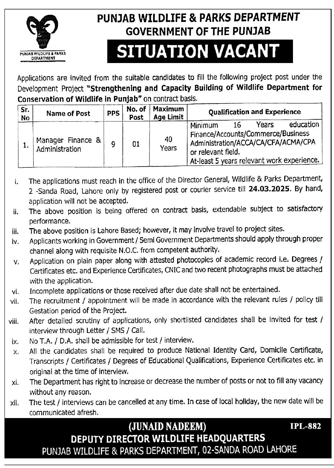 PWL Punjab Wildlife & Parks Department Lahore Jobs 2025 – Forest Wildlife & Fishries Department Punjab Jobs 2025 — original advertisement