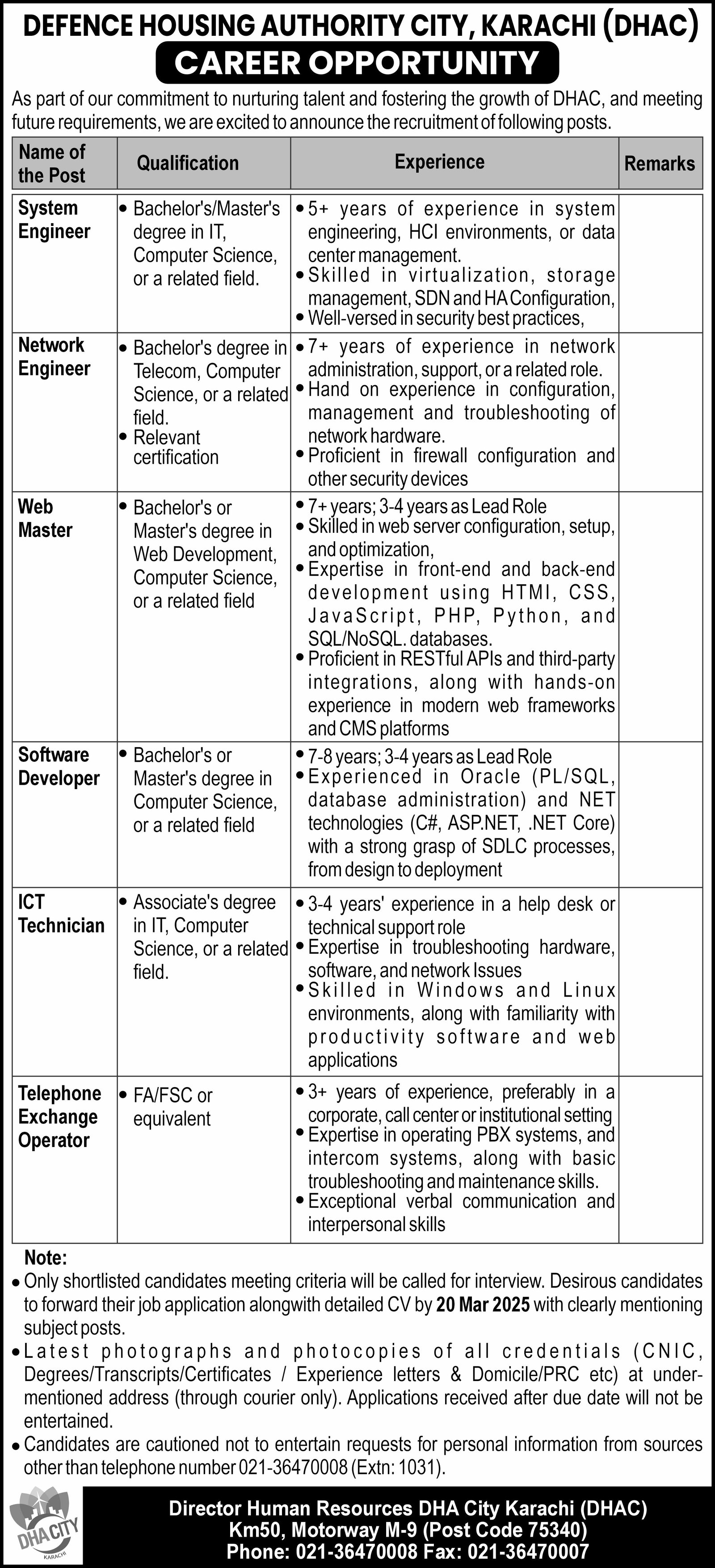 Defence Housing Authority DHA Karachi Jobs 2025 Jobs 2025 — original advertisement
