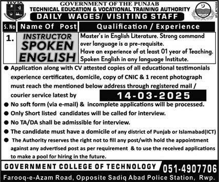 Government College Of Technology GCT Rawalpindi Jobs 2025 – Technical Education & Vocational Training Authority TEVTA Punjab Jobs 2025 — original advertisement