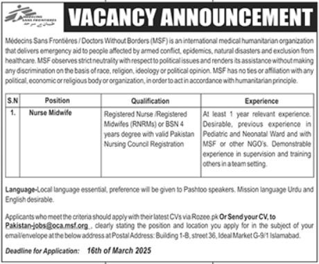 Medecins Sans Frontieres MSF Islamabad Job 2025 – Medecins Sans Frontières (MSF) Jobs 2025 — original advertisement
