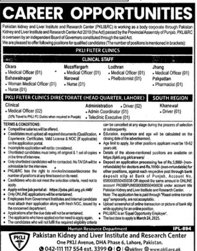 Pakistan Kidney & Liver Institute & Research Centre PKLI Job – Pakistan Kidney And Liver Institute (PKLI) And Research Centre Lahore Jobs 2025 — original advertisement