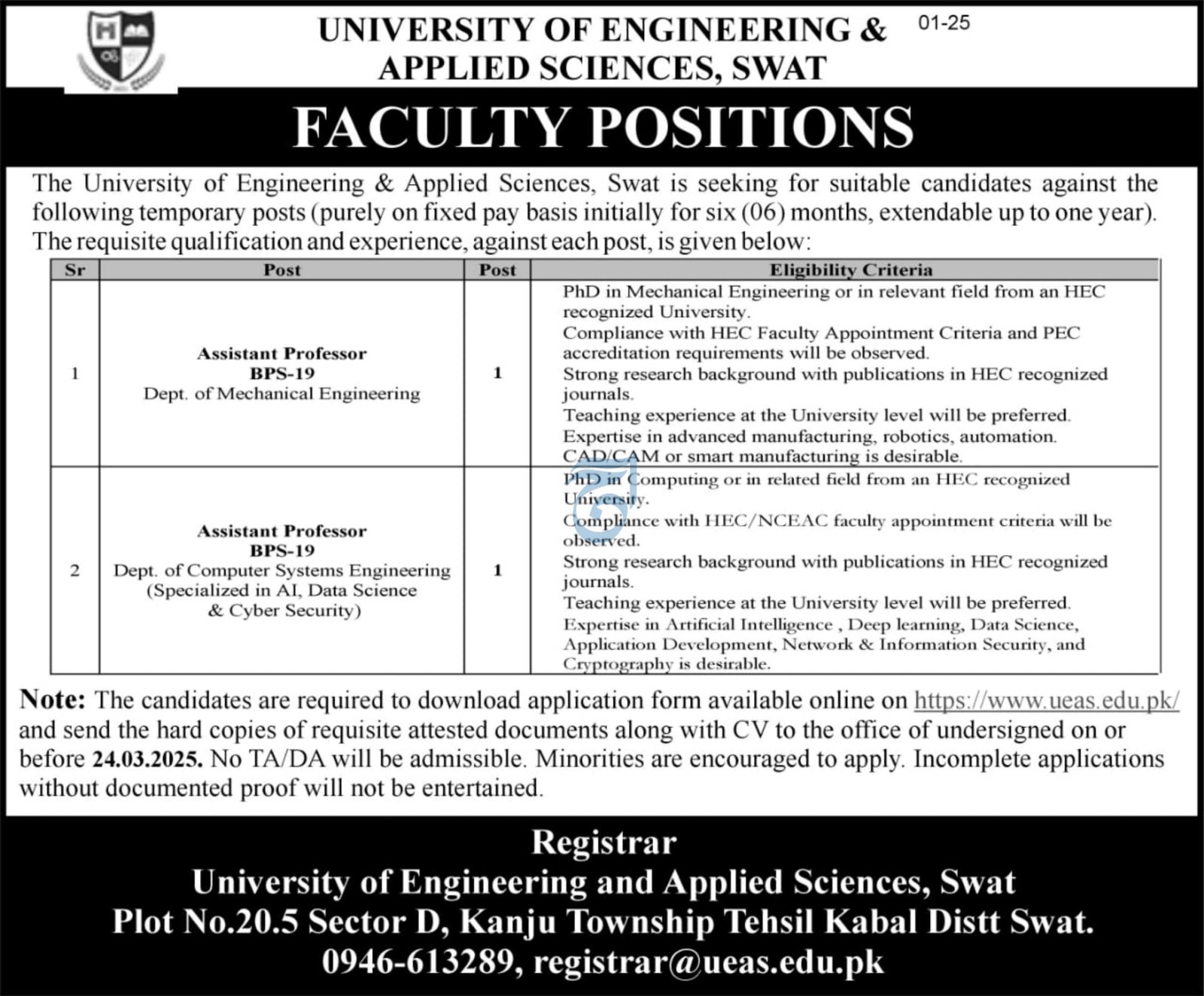 University of Engineering And Applied Sciences Swat Job 2025 – University Of Engineering & Applied Sciences Swat Jobs 2025 — original advertisement