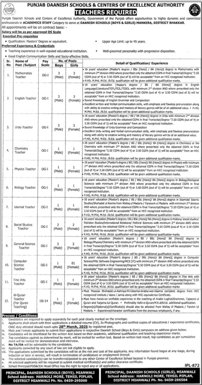 Punjab Daanish Schools Piplan Jobs 2025 Jobs 2025 — original advertisement