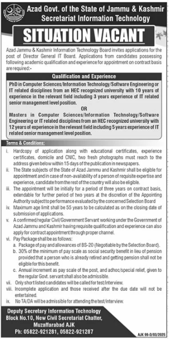 AJK Information Technology Board Jobs 2025 – Govt of Azad Kashmir Jobs 2025 — original advertisement