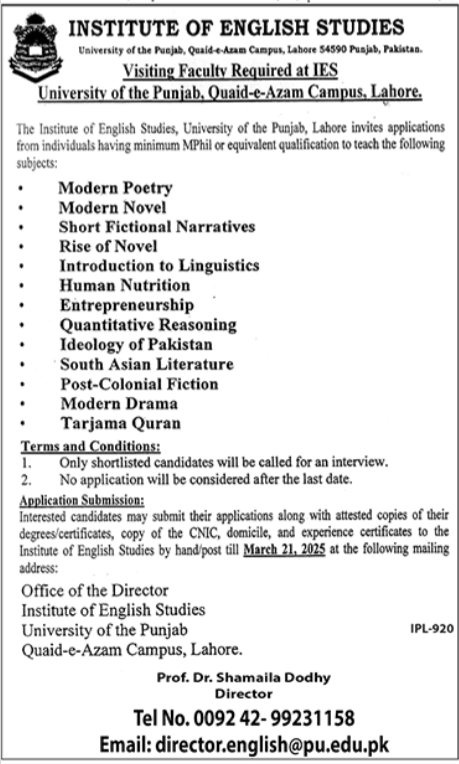Institute Of English Studies Lahore Jobs 2025 – University of Punjab Jobs 2025 — original advertisement