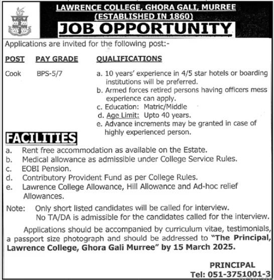 Lawrence College Ghora Gali Murree Jobs 2025 Jobs 2025 — original advertisement