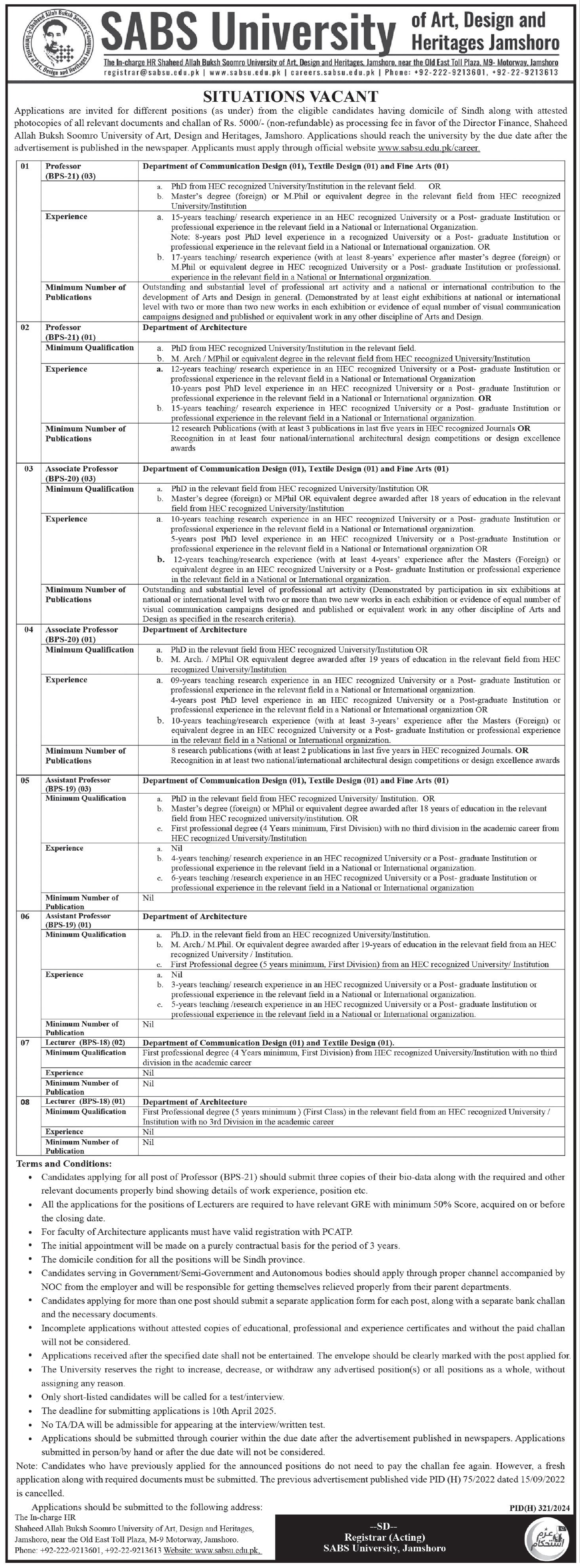 Shaheed Allah Buksh Soomro University of Art Design Jobs – Shaheed Allah Bux Soomro University Of Art Design & Heritage Jobs 2025 — original advertisement