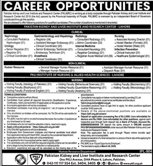 Pakistan Kidney And Liver Institute Jobs 2025 – Pakistan Kidney And Liver Institute (PKLI) And Research Centre Lahore Jobs 2025 — original advertisement