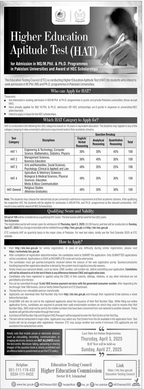 Higher Education Aptitude Test At HEC 2025 – Higher Education Commission Islamabad Admissions 2025 — original advertisement