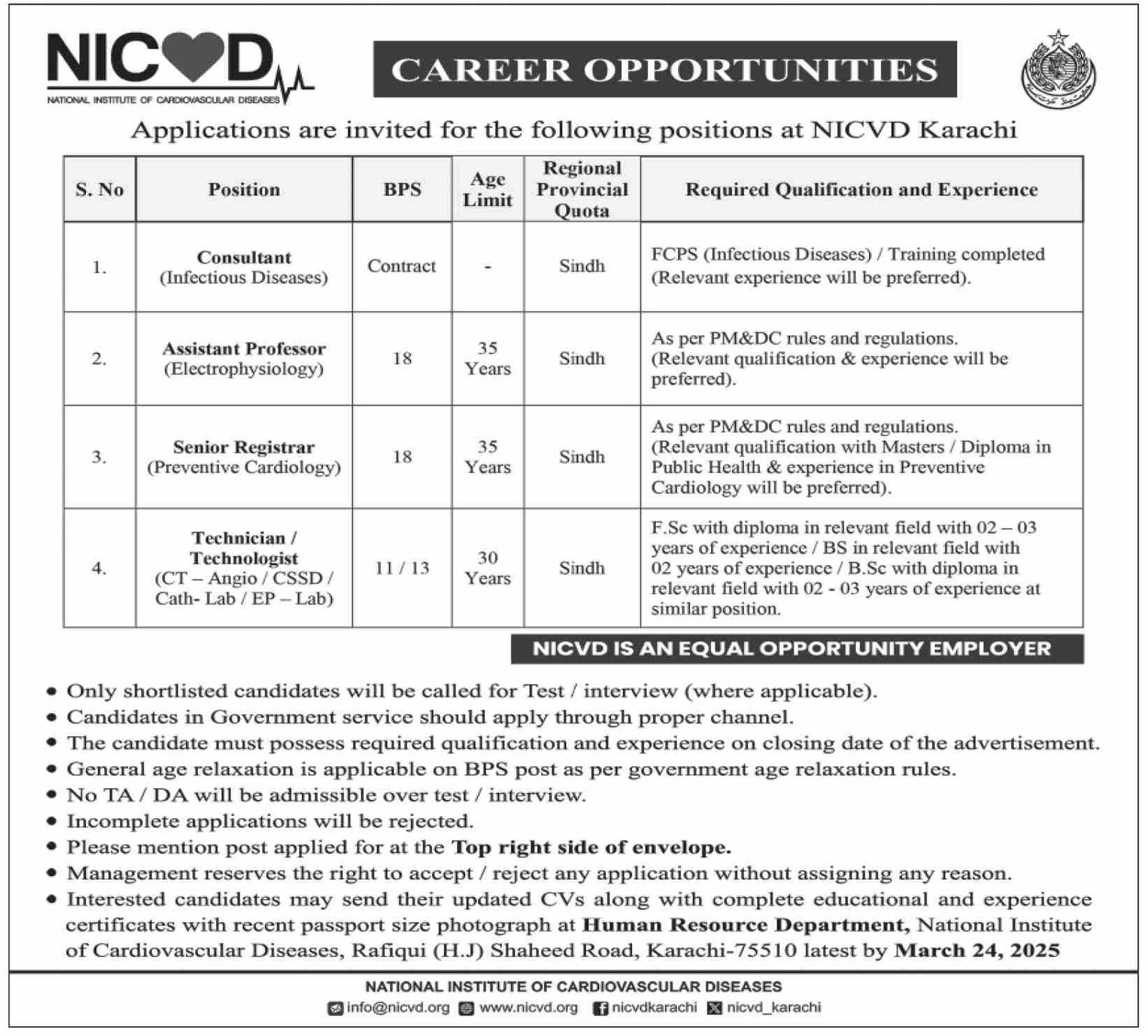 National Institute of Cardiovascular Diseases NICVD Job 2025 – National Institute of Cardiovascular Diseases (NICVD) Sindh Karachi Jobs 2025 — original advertisement