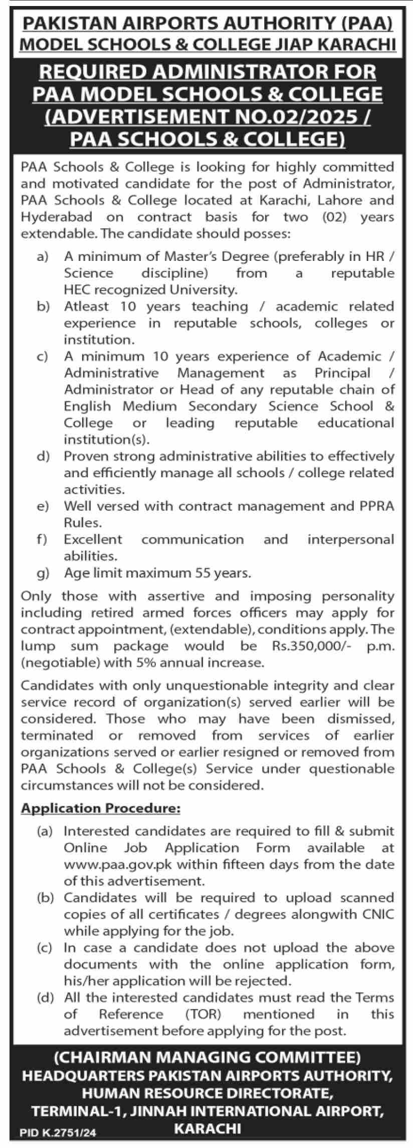 Pakistan Airports Authority PAA Schools And College Job 2025 Jobs 2025 — original advertisement
