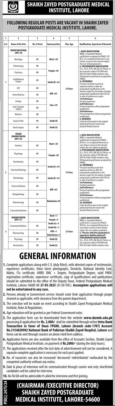 Shaikh Zayed Postgraduate Medical Institute Jobs 2025 – Shaikh Zayed Medical Complex Lahore Jobs 2025 — original advertisement