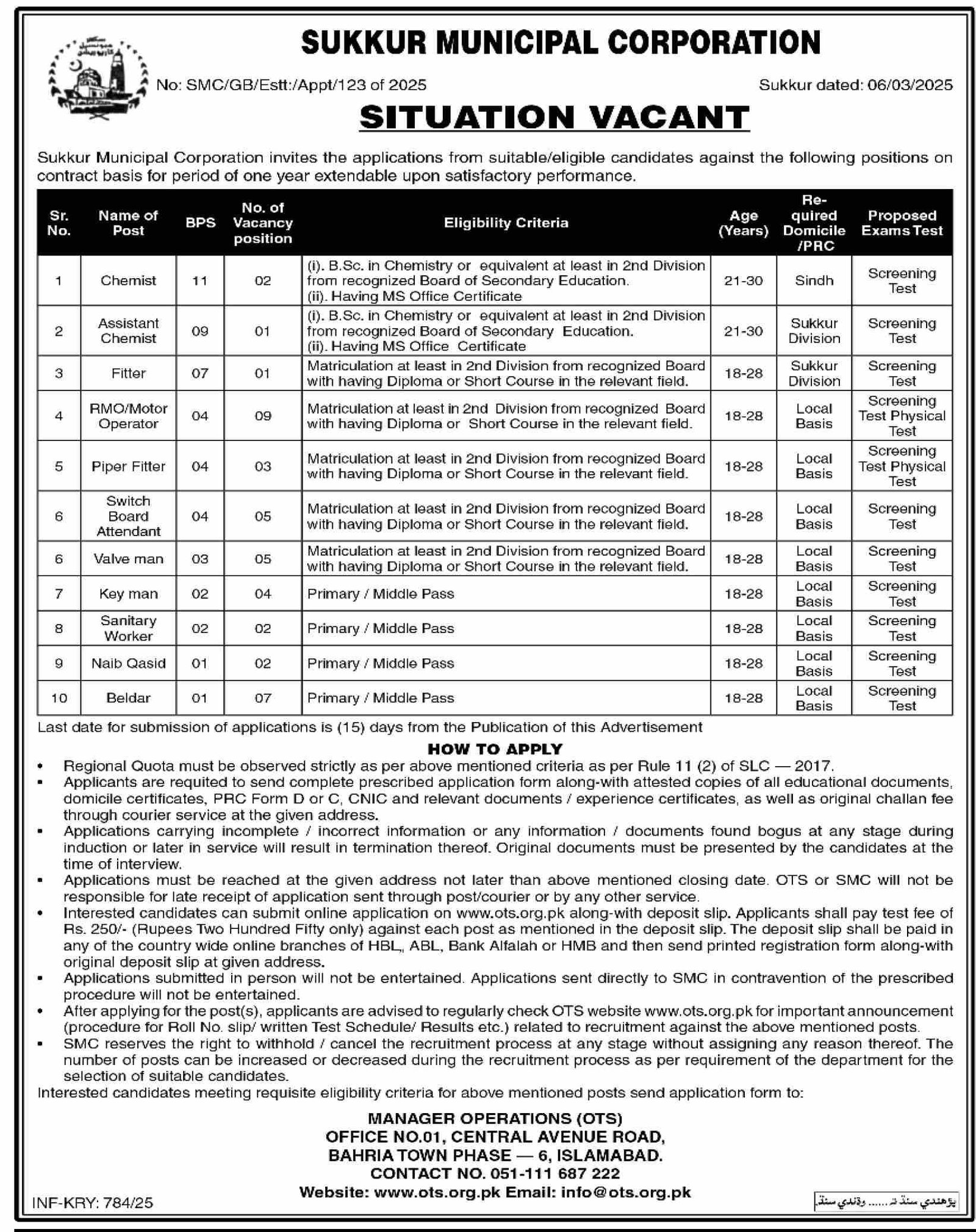 Sukkur Municipal Corporation Jobs 2025 – Municipal Corporation MC Jobs 2025 — original advertisement