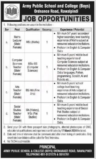 Army Public School & College APS&C Jobs 2025 – Army Public School & College Paksitan Jobs 2025 — original advertisement