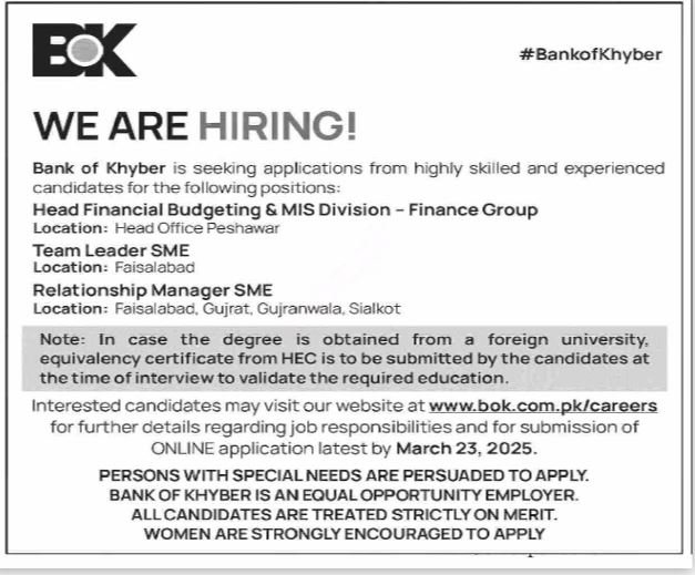 The Bank Of Khyber BOK Jobs 2025 Jobs 2025 — original advertisement