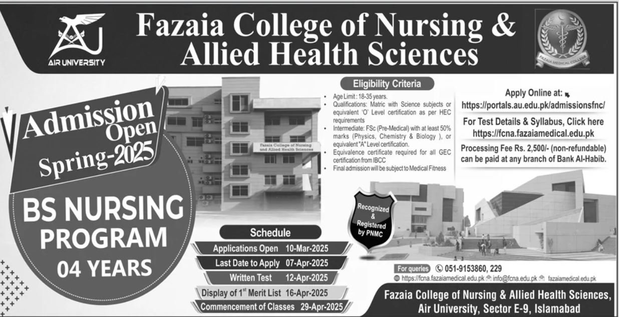 Admission Open in Fazaia College of Nursing And Allied – Fazaia Schools & Colleges Admissions 2025 — original advertisement