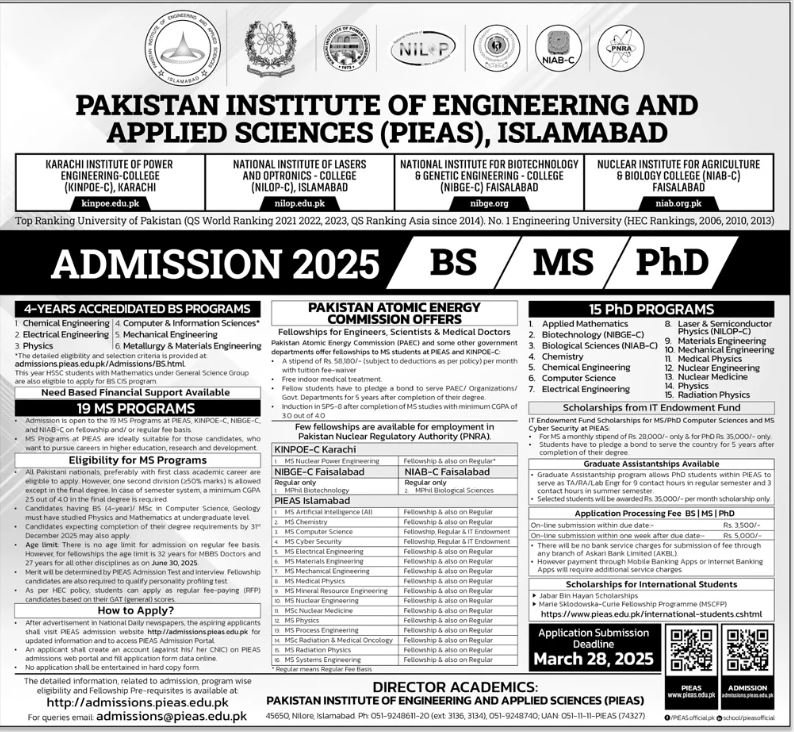 Admission Open in Pakistan Institute of Engineering – Pakistan Institute of Engineering and Applied Sciences (PIEAS) Admissions 2025 — original advertisement