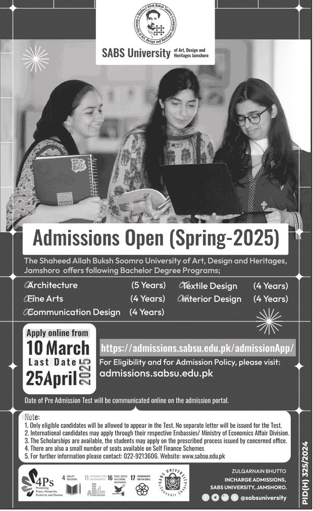 Admission Open in Shaheed Allah Bux Soomro University 2025 – Shaheed Allah Bux Soomro University Of Art Design & Heritage Admissions 2025 — original advertisement
