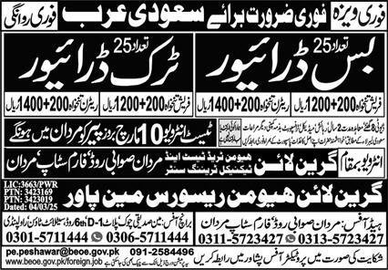 Bus Driver And Truck Driver Jobs in Saudia Arabia 2025 – Green Line Human Resource Manpower Jobs 2025 — original advertisement