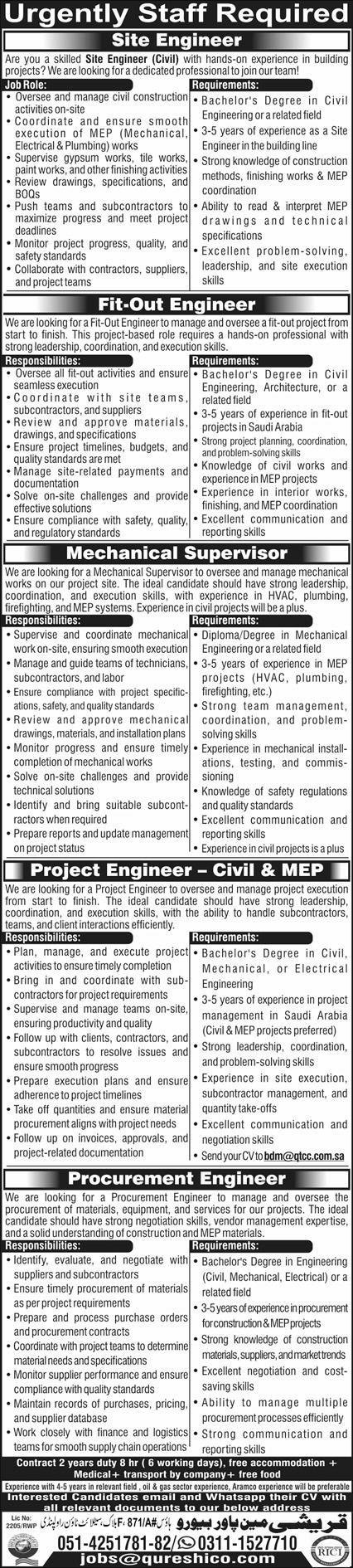Fitt Out Engineer And Mechanical Supervizor Jobs 2025 – Qureshi Manpower Bureau Jobs 2025 — original advertisement