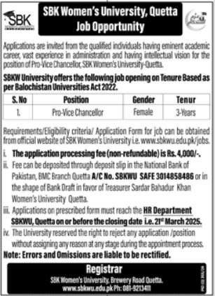 SBK Women University Quetta Jobs 2025 – Sardar Bahadur Khan Women's University Quetta Jobs 2025 — original advertisement