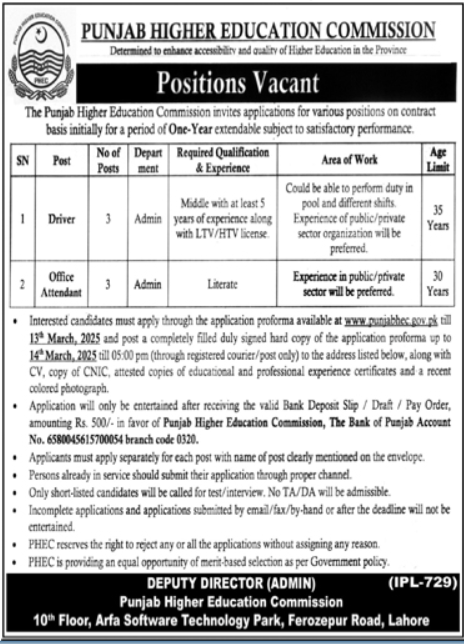 Punjab Higher Education Commission PHEC Lahore Jobs 2025 Jobs 2025 — original advertisement