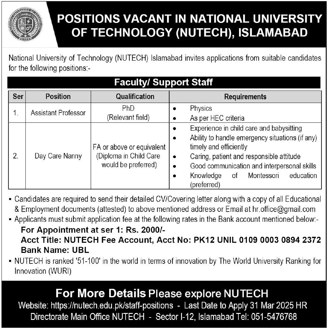 National University Of Technology NUTECH Jobs 2025 – National University of Technology NUTECH Islamabad Jobs 2025 — original advertisement