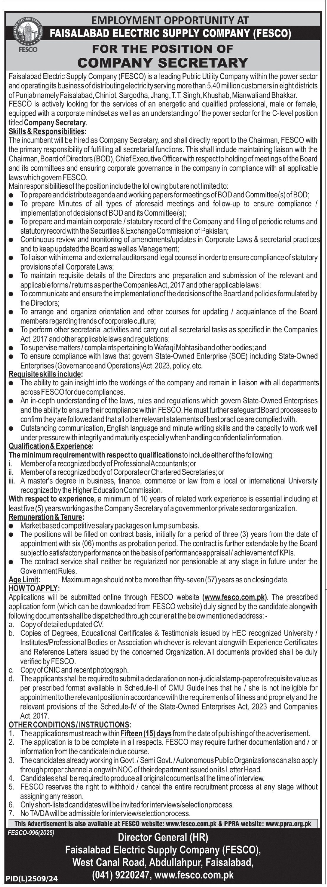Faisalabad Electric Supply Company Limited FESCO Job 2025 Jobs 2025 — original advertisement