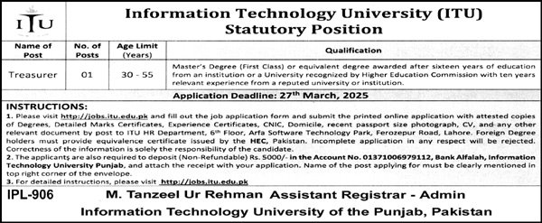 Information Technology University ITU Lahore Job 2025 – Information Technology University of the Punjab Lahore Jobs 2025 — original advertisement