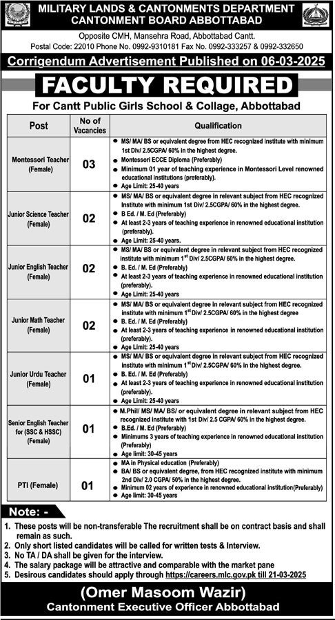Military Lands & Cantonment Department Abbottabad Jobs 2025 – Pakistan Army Jobs 2025 — original advertisement