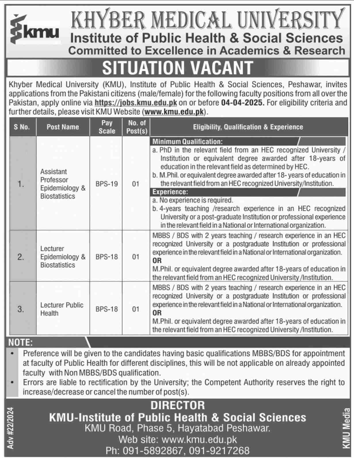 Khyber Medical University Peshawar Jobs 2025 Jobs 2025 — original advertisement