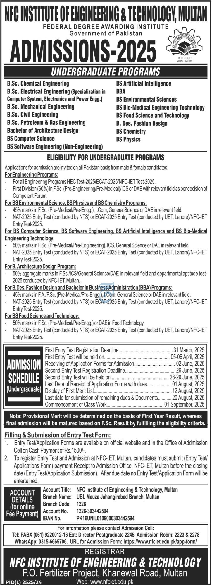 Admission Open in Nfc Institute of Engineering And Technolgy – NFC Institute of Engineering & Technology Multan Admissions 2025 — original advertisement