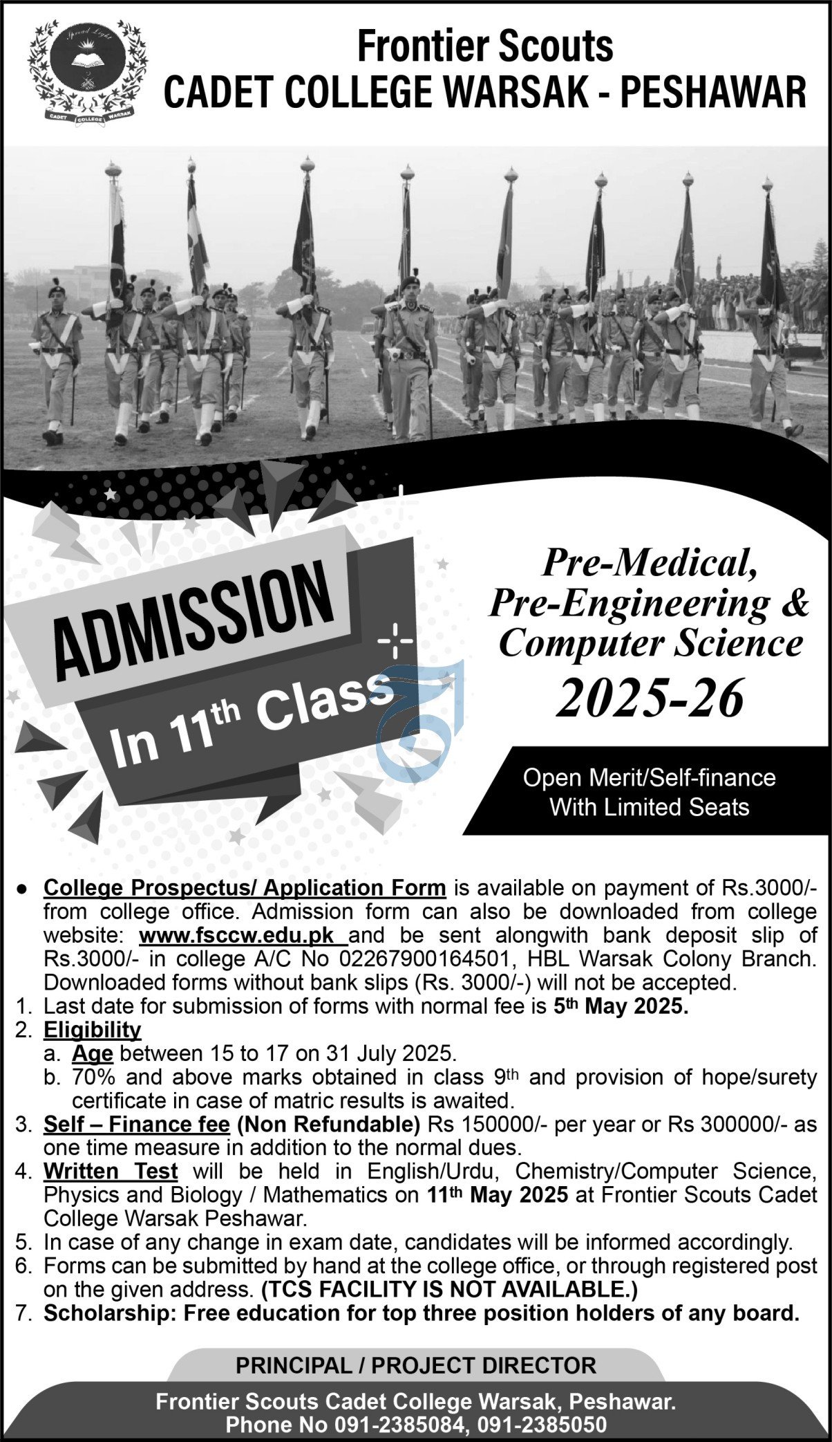 Admission Open in Cadet College Warsak Peshawar 2025 Admissions 2025 — original advertisement