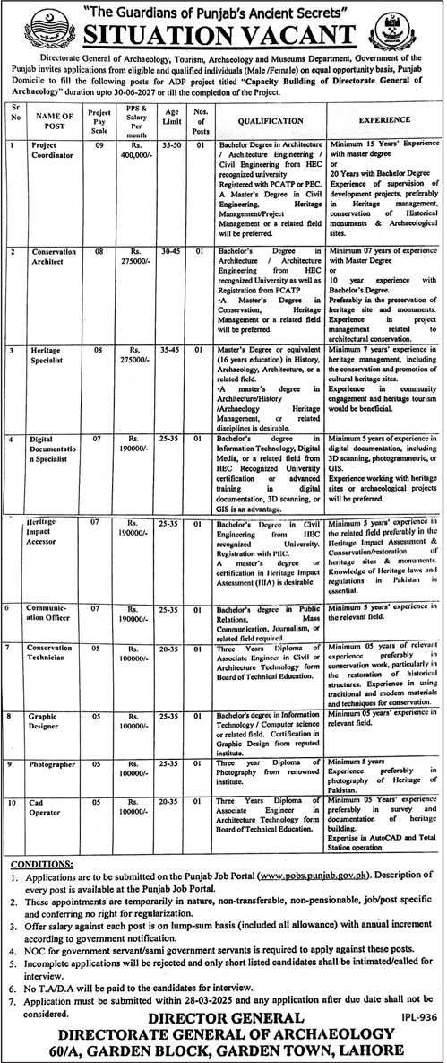 Directorate General of Archaelogy Lahore Jobs 2025 – Directorate General Information Technology Jobs 2025 — original advertisement