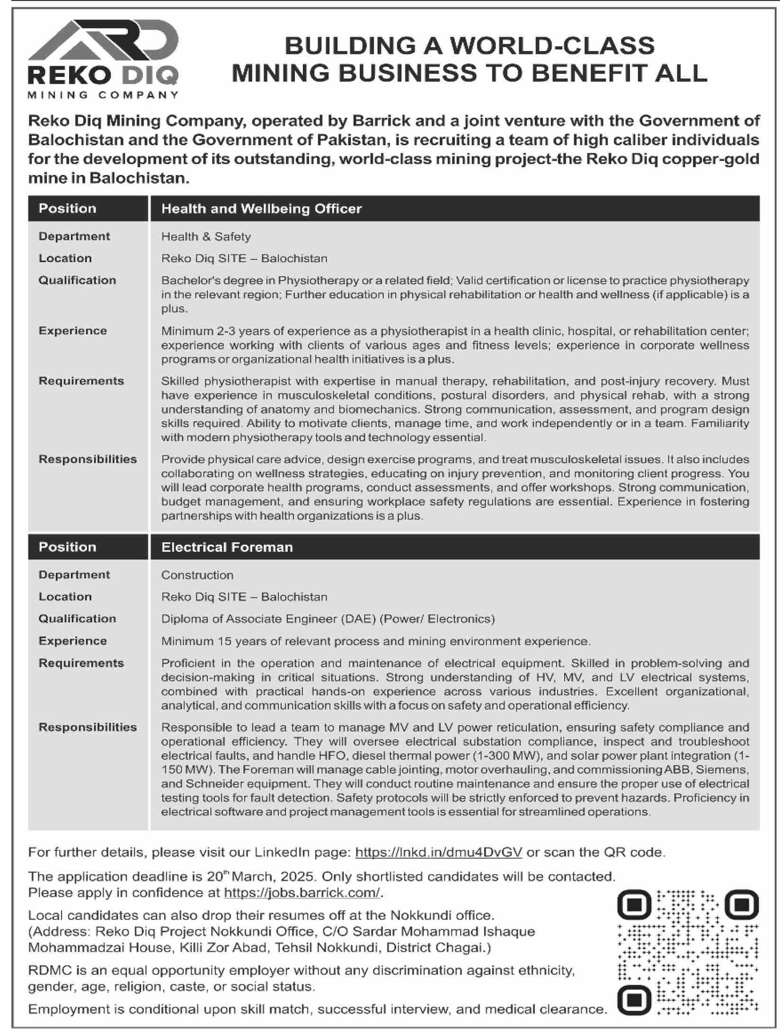 Reko Diq Mining Company Chaghi Jobs 2025 – Private Company Jobs 2025 — original advertisement