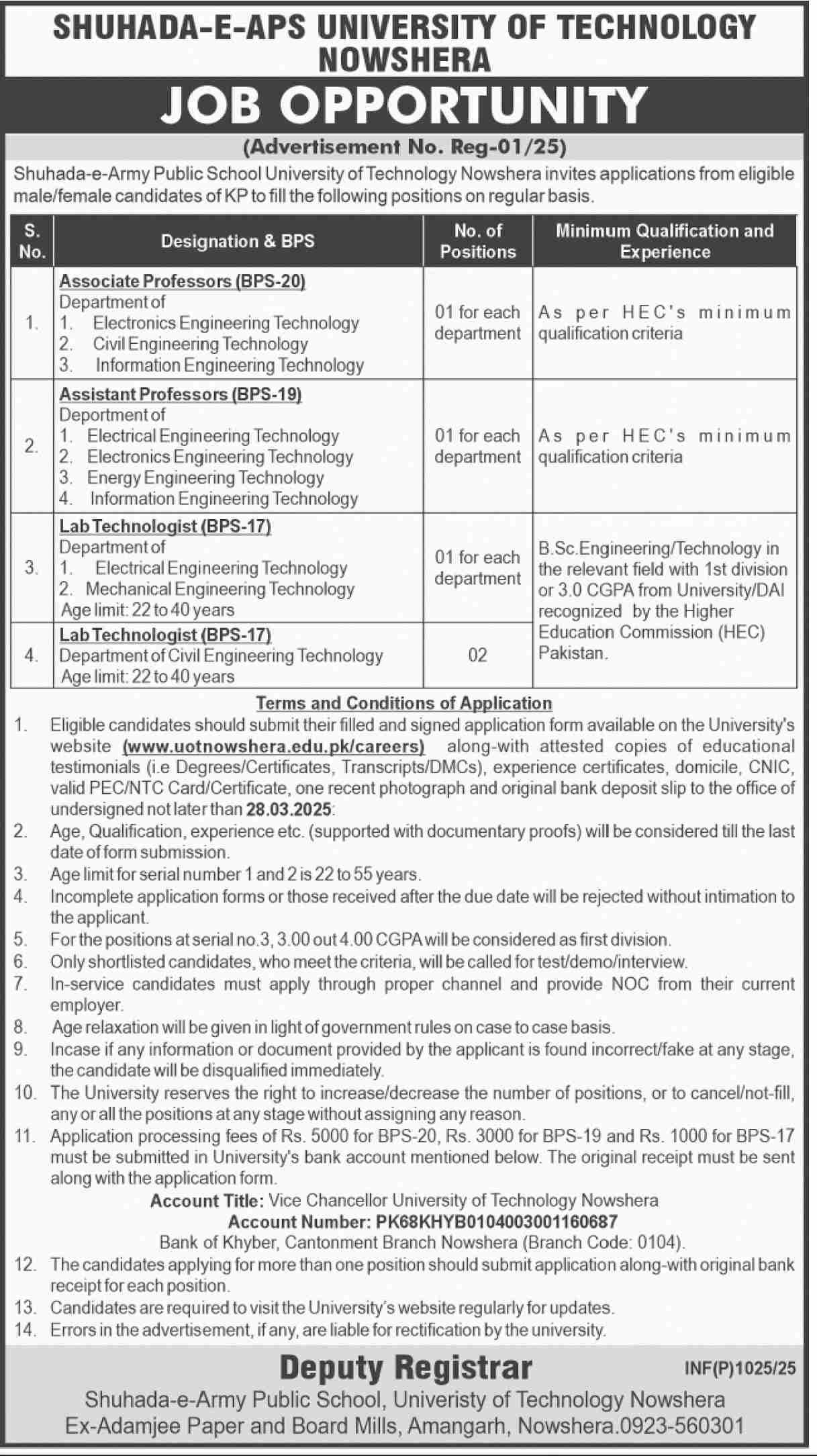 Shuhada E Aps University of Technology Nowshera Jobs 2025 Jobs 2025 — original advertisement