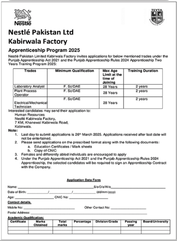 Nestle Pakistan LTD Apprenticeship Program 2025 – Private Company Jobs 2025 — original advertisement