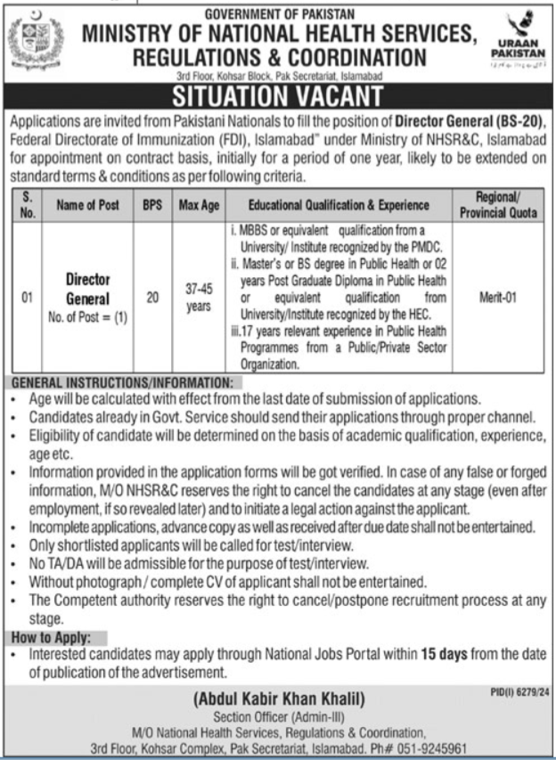 Ministry Of National Health Services Regulations Job 2025 – Ministry of National Health Services Regulation and Coordination Jobs 2025 — original advertisement