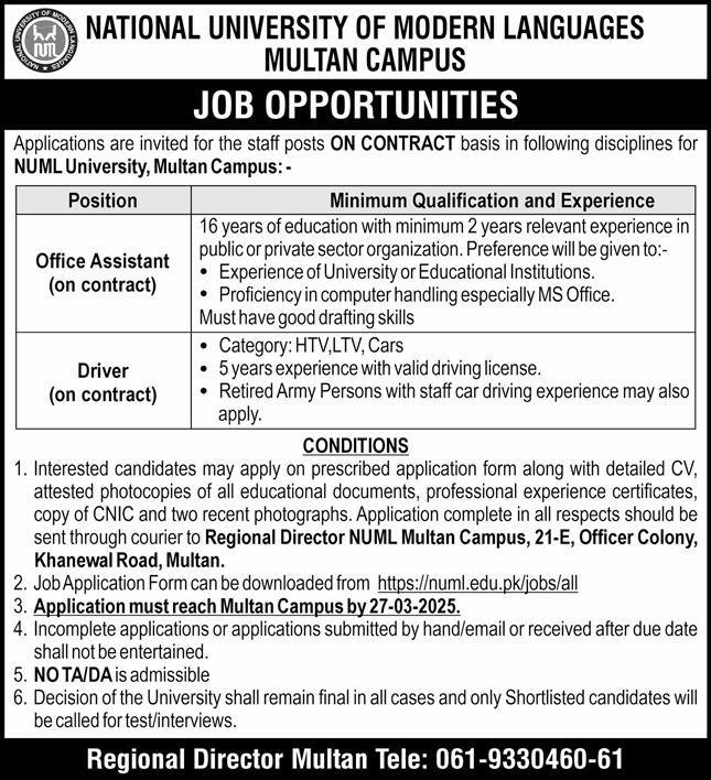NUML University Multan Campus Jobs 2025 – National University of Modern Languages Islamabad Jobs 2025 — original advertisement