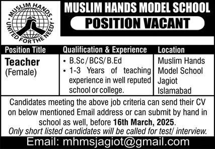 Muslim Hands Model School Islamabad Jobs 2025 Jobs 2025 — original advertisement