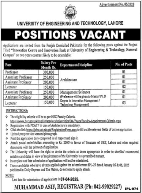 University of Engineering and Technology UET Lahore Jobs – University of Engineering  & Technology Lahore Jobs 2025 — original advertisement