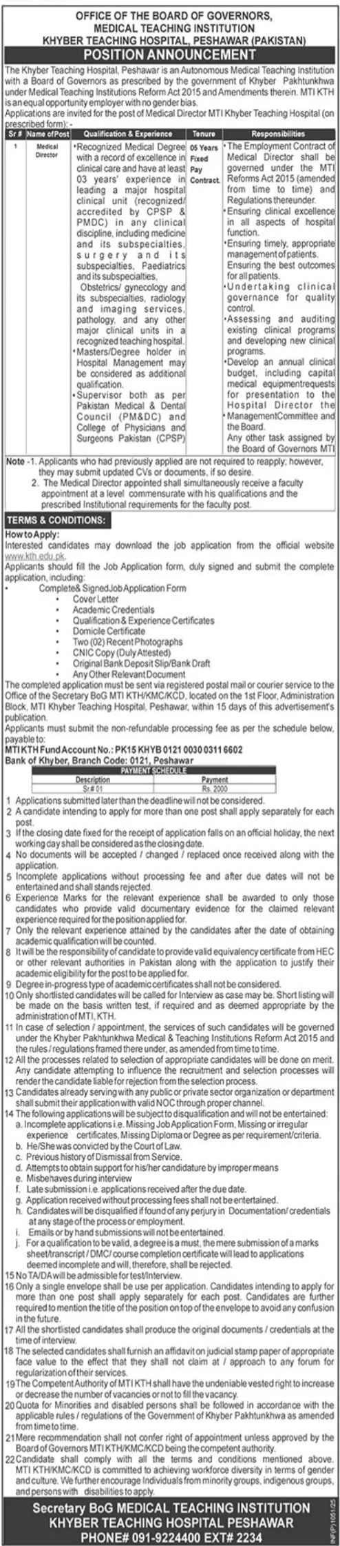 Khyber Teaching Hospital KTH Peshawar Jobs 2025 – Medical Teaching Institute MTI Khyber Teaching Hospital Peshawar Kpk Jobs 2025 — original advertisement