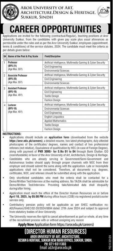 Aror University Of Art Architecture Design Jobs 2025 – Aror university of Art Architecture Design & Heritages Sukkur Jobs 2025 — original advertisement
