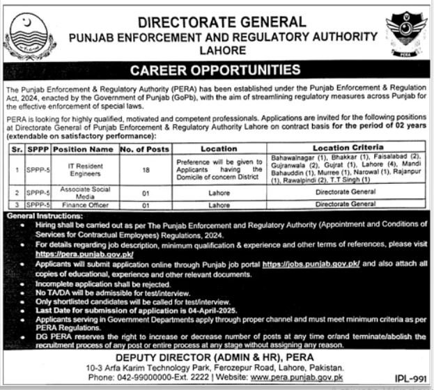 Punjab Enforcement And Regulatory Authority Jobs 2025 – Public Sector Organization Jobs 2025 — original advertisement
