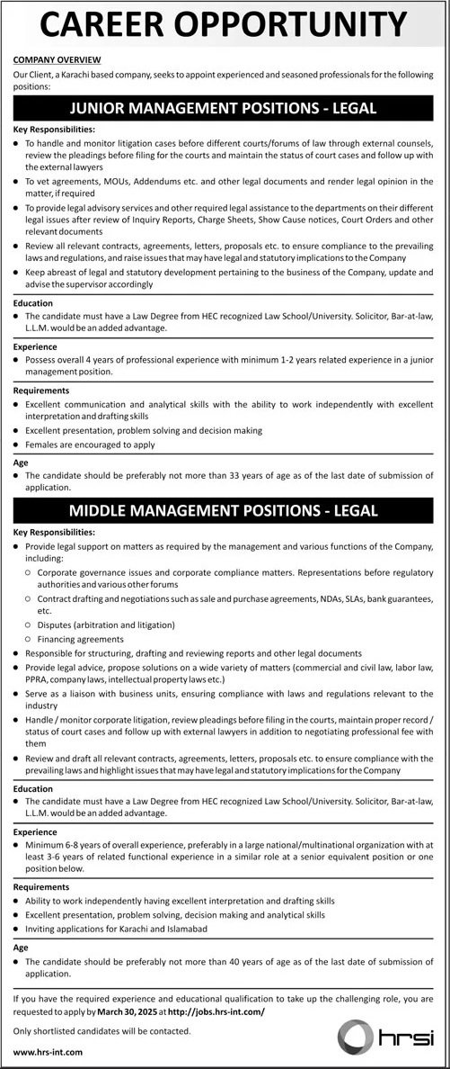 Human Resource Solution International HRSI Jobs 2025 – HRSG People and Business karachi Jobs 2025 — original advertisement