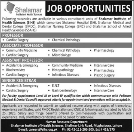 Shalamar Institute Of Health Sciences Jobs 2025 Jobs 2025 — original advertisement