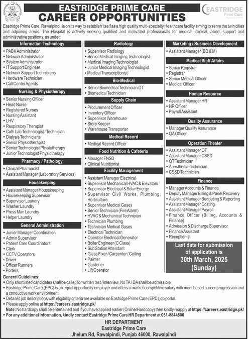 Eastidge Prime Care Rawalpindi Jobs 2025 – Fauji Foundation Eastridge Hospital Jobs 2025 — original advertisement