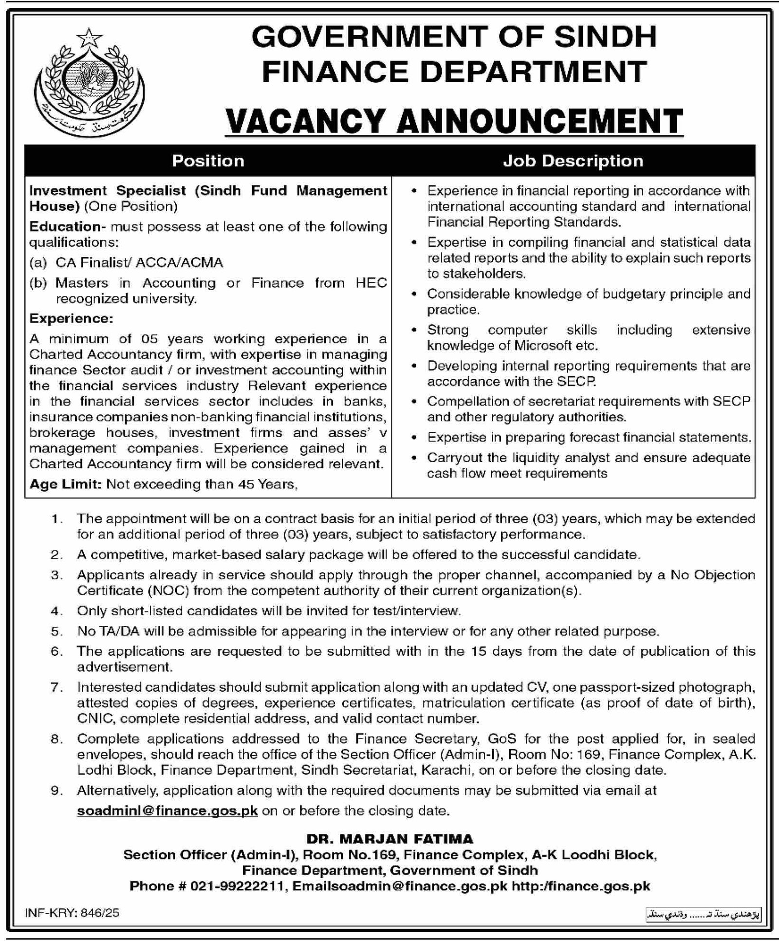 Finance Department Sindh Karachi Jobs 2025 – Finance Department Govt of Sindh Jobs 2025 — original advertisement