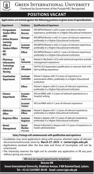 Green International University Lahore Jobs 2025 Jobs 2025 — original advertisement